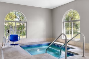 A pool area with a blue chair, metal handrails, and large arched windows.