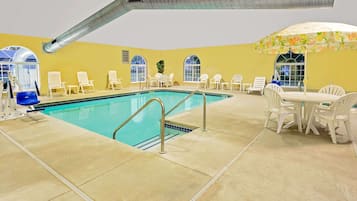 Indoor pool, a heated pool, open 7:00 AM to 11:00 PM, sun loungers