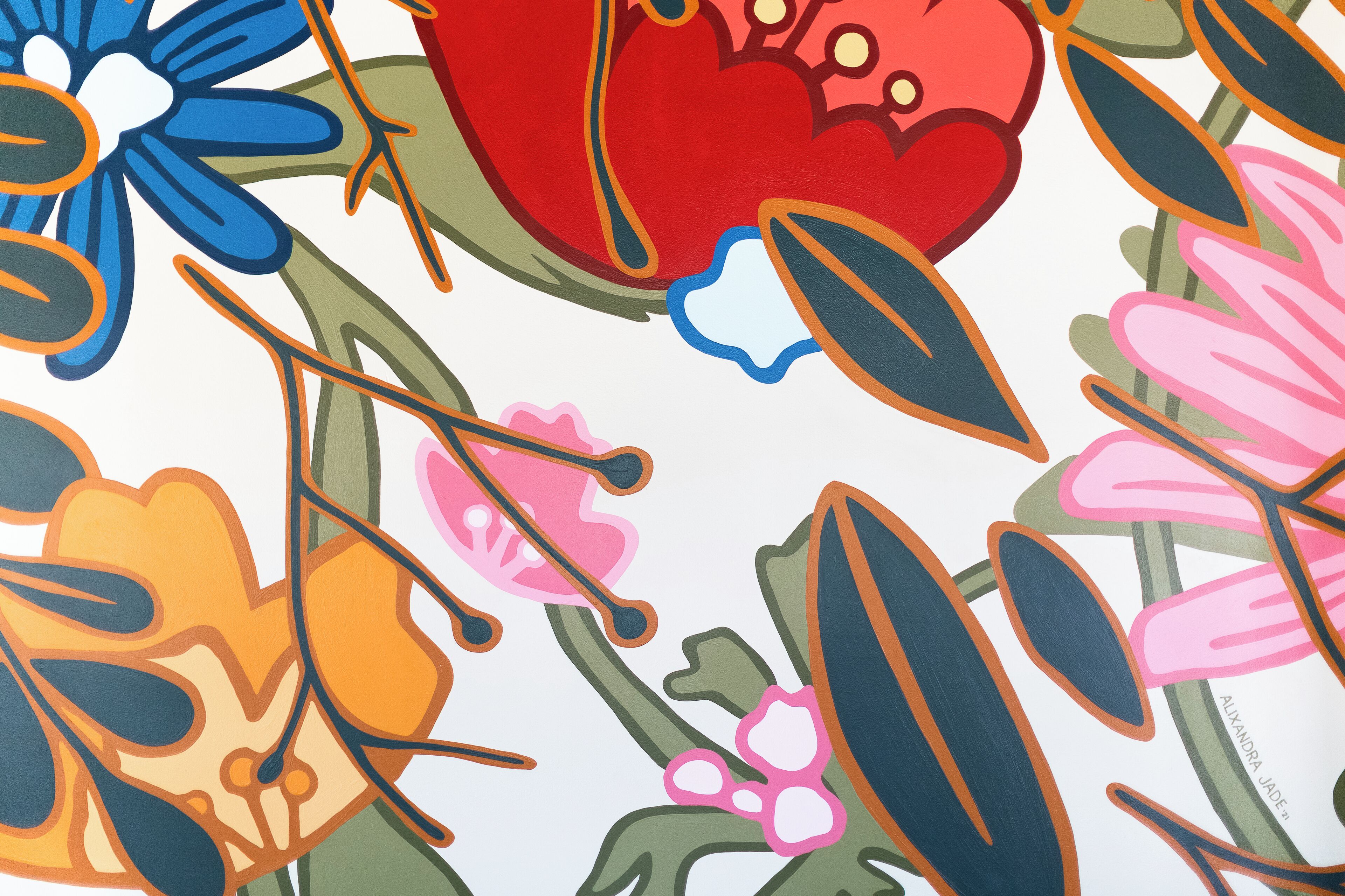 A colorful floral pattern with a variety of shapes and colors.