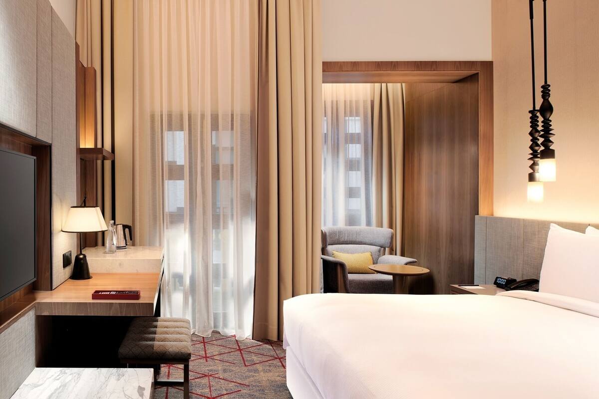 In-room safe, desk, laptop workspace, blackout curtains