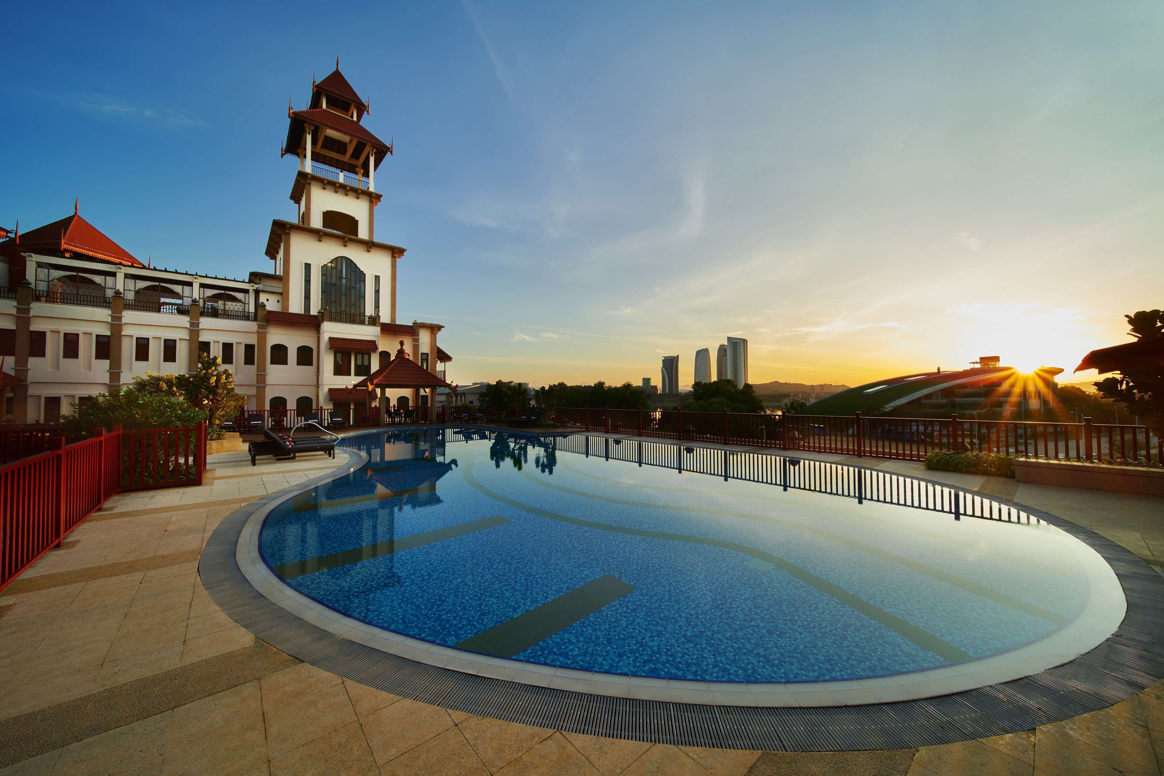 outdoor pool, pool umbrellas, pool loungers