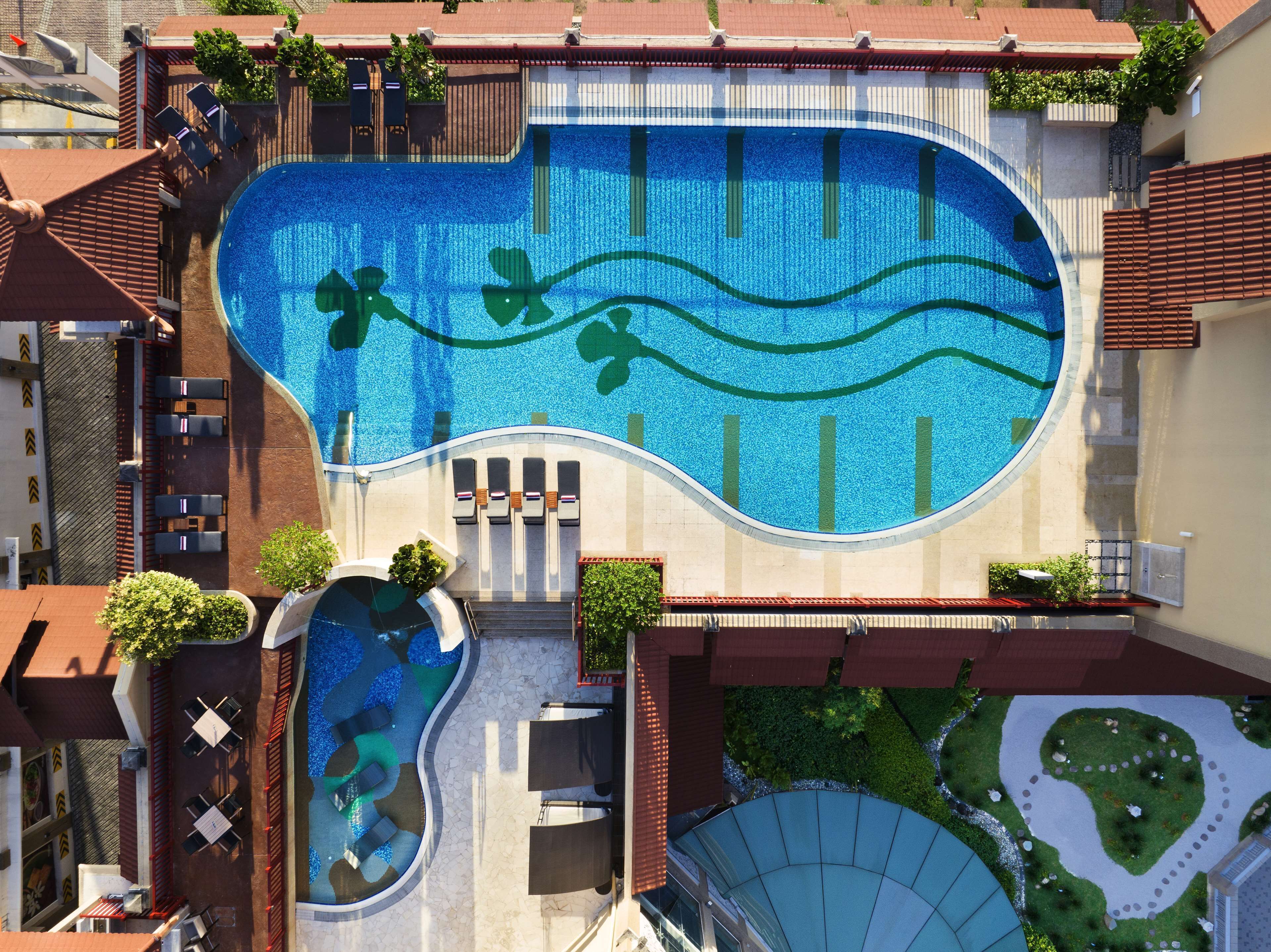 Outdoor pool, pool umbrellas, pool loungers