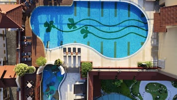Outdoor pool, pool umbrellas, pool loungers