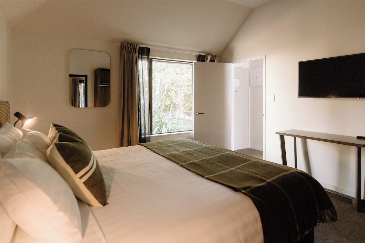 Ein Schlafzimmer mit einem Bett, einem Spiegel, einem Fernseher und einem Schreibtisch.