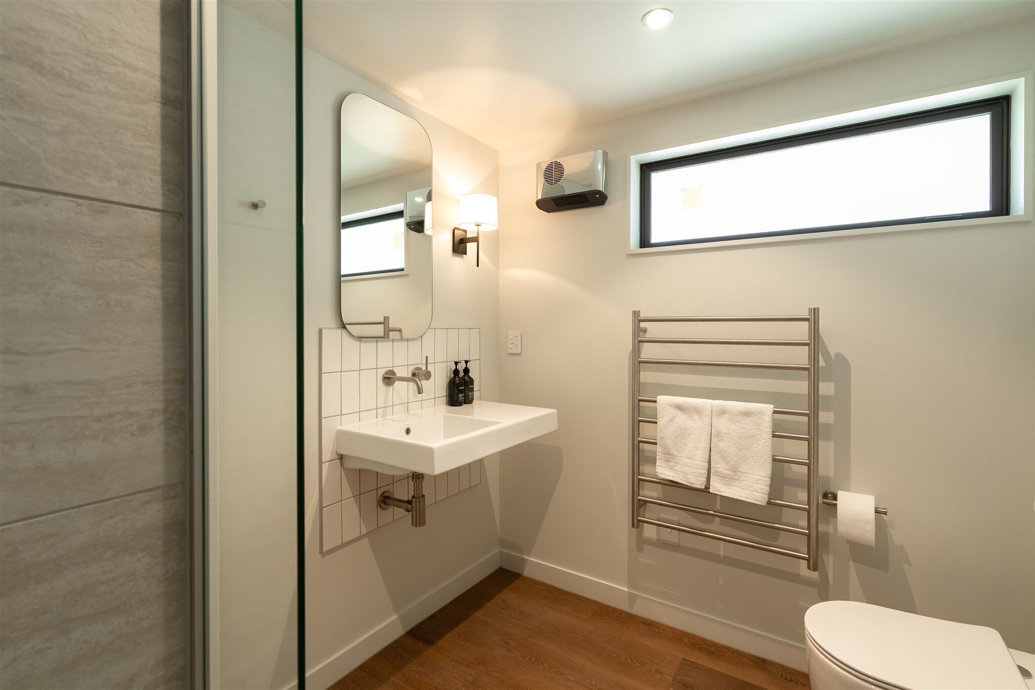 premium hotel room | bathroom | shower, hair dryer, towels, soap