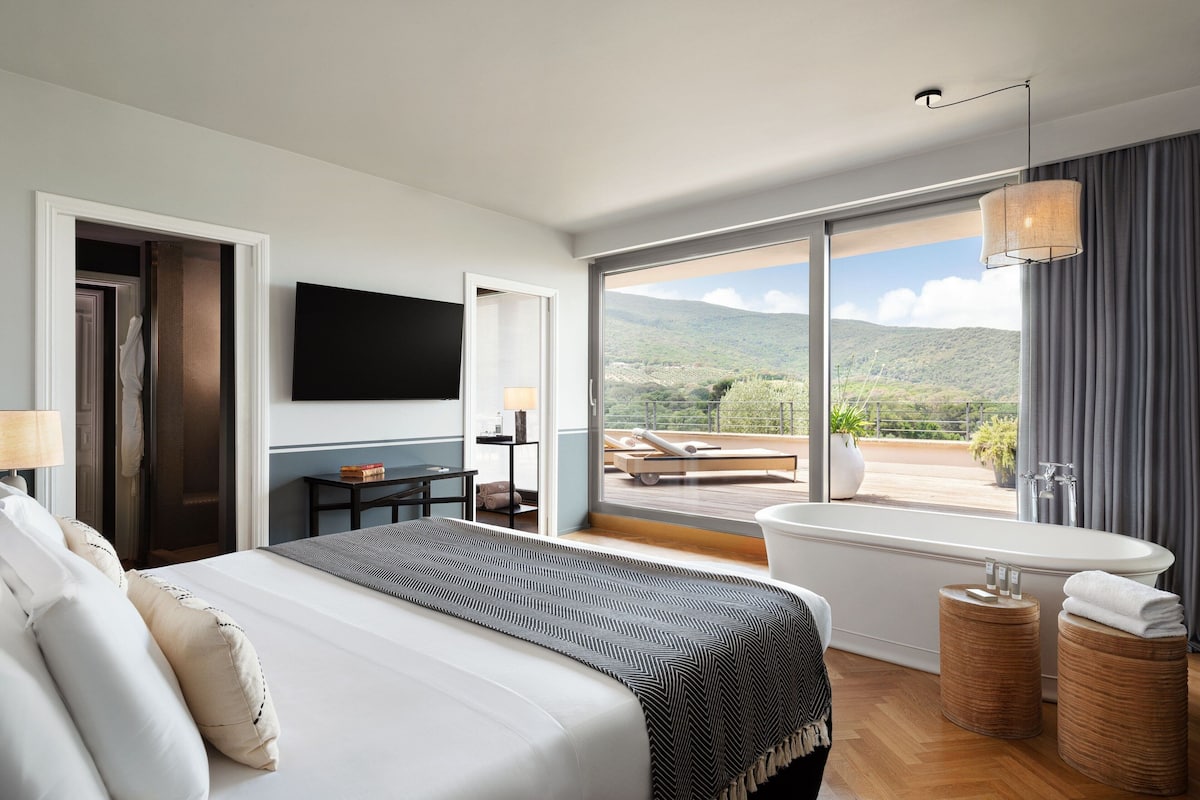 A modern hotel room with a large bed, a bathtub, a flat-screen TV, and a view of the outdoors.