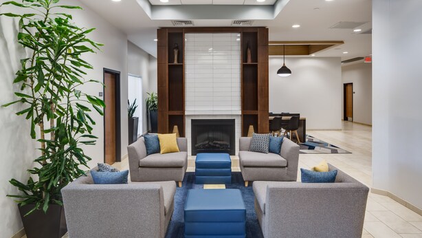 Un salon moderne avec des canapés gris, des poufs bleus et une grande plante.
