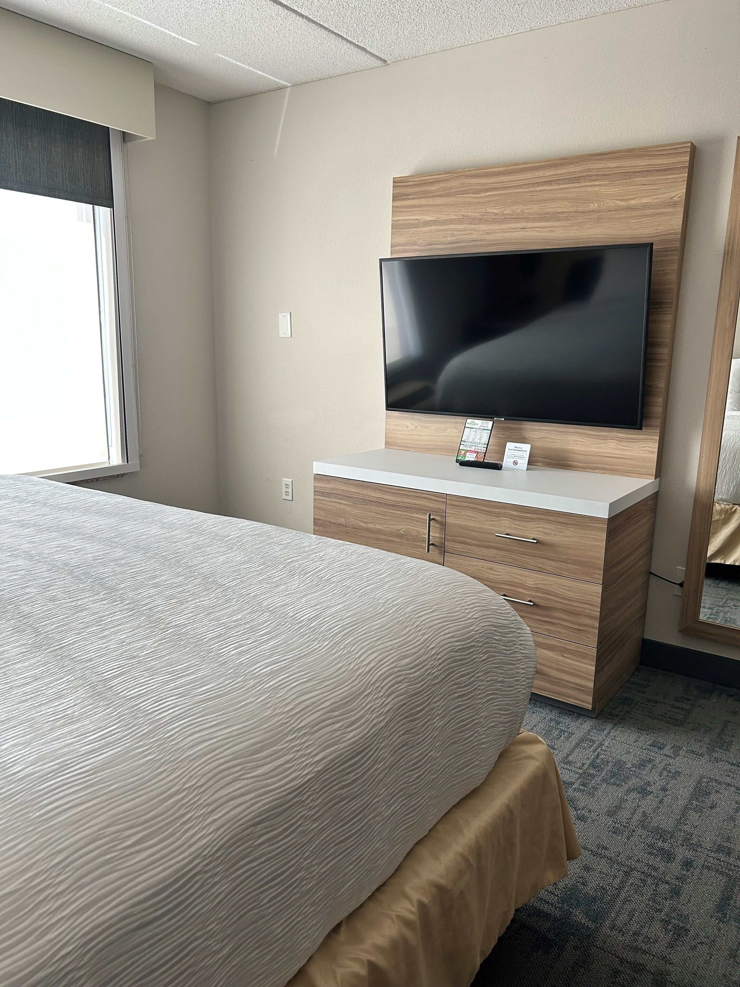 A hotel room with a large bed, a flat-screen TV mounted on a wooden cabinet, and a window with blinds.