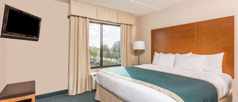 A hotel room with a bed, a television mounted on the wall, a window with curtains, and a bedside table.