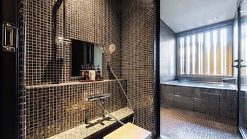 Superior Double Room with Semi-Open-Air Bath | Bathroom | Separate tub and shower, free toiletries, hair dryer, bathrobes