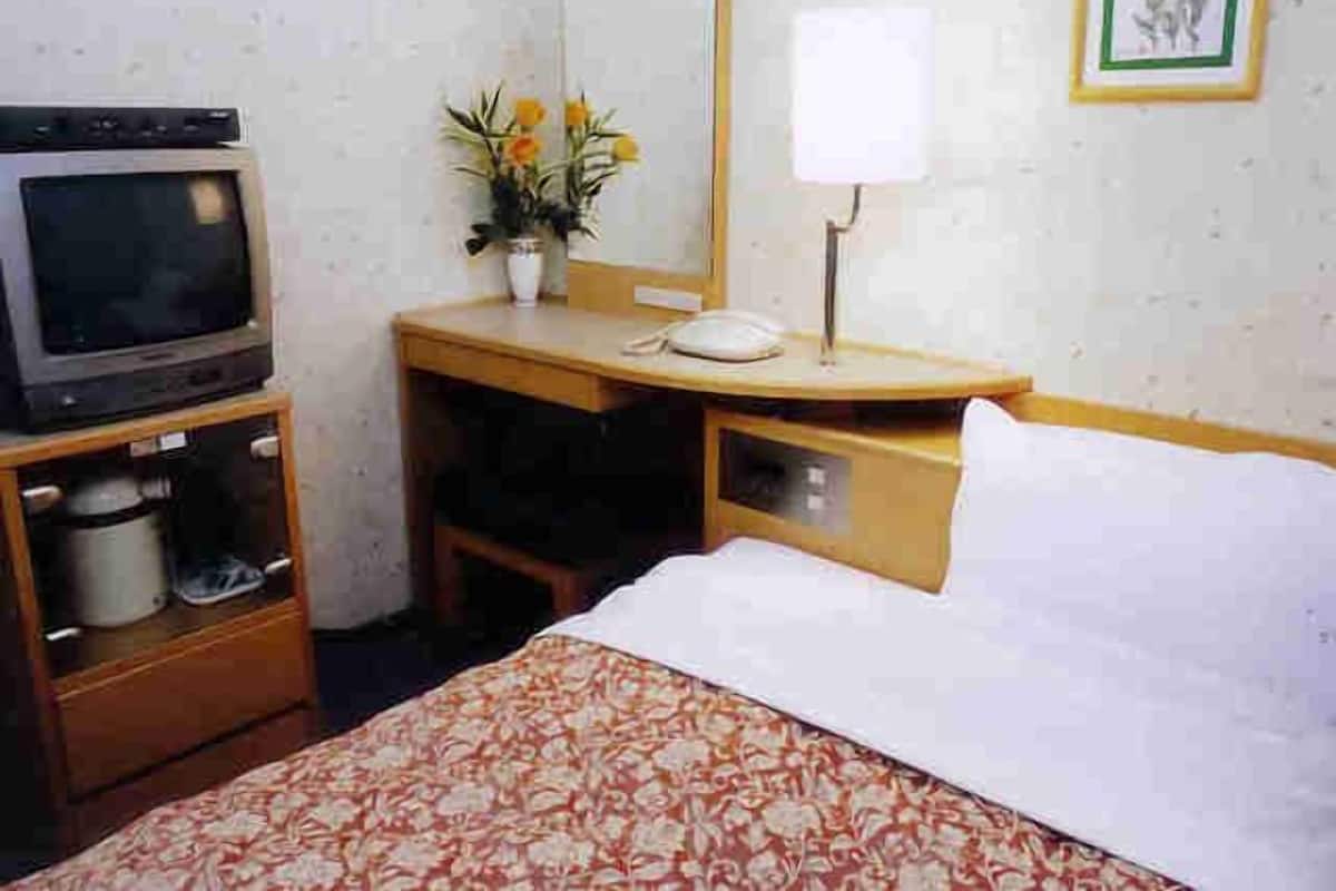 Une chambre d’hôtel comprenant un lit, un bureau avec un téléphone, une télévision et un miroir.
