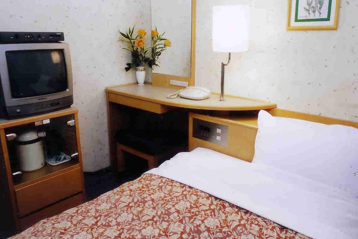 Une chambre d’hôtel comprenant un lit, un bureau avec un téléphone, une télévision et un petit placard.