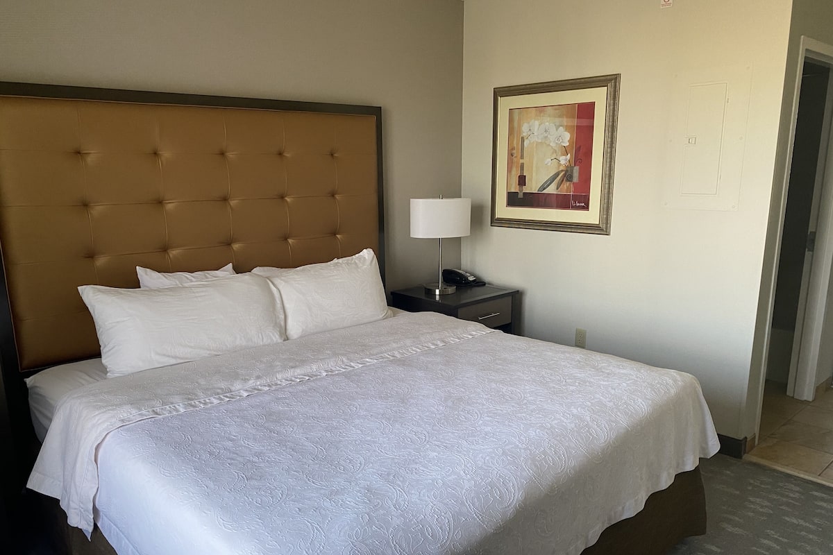 A hotel room with a large bed, a nightstand, a lamp, and a framed picture on the wall.