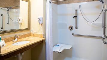 Standard Room, 2 Queen Beds, Accessible (Communications, Roll-In Shower) | Bathroom | Combined shower/tub, free toiletries, hair dryer, towels