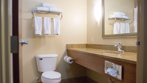 A bathroom with a toilet, sink, and towel rack.