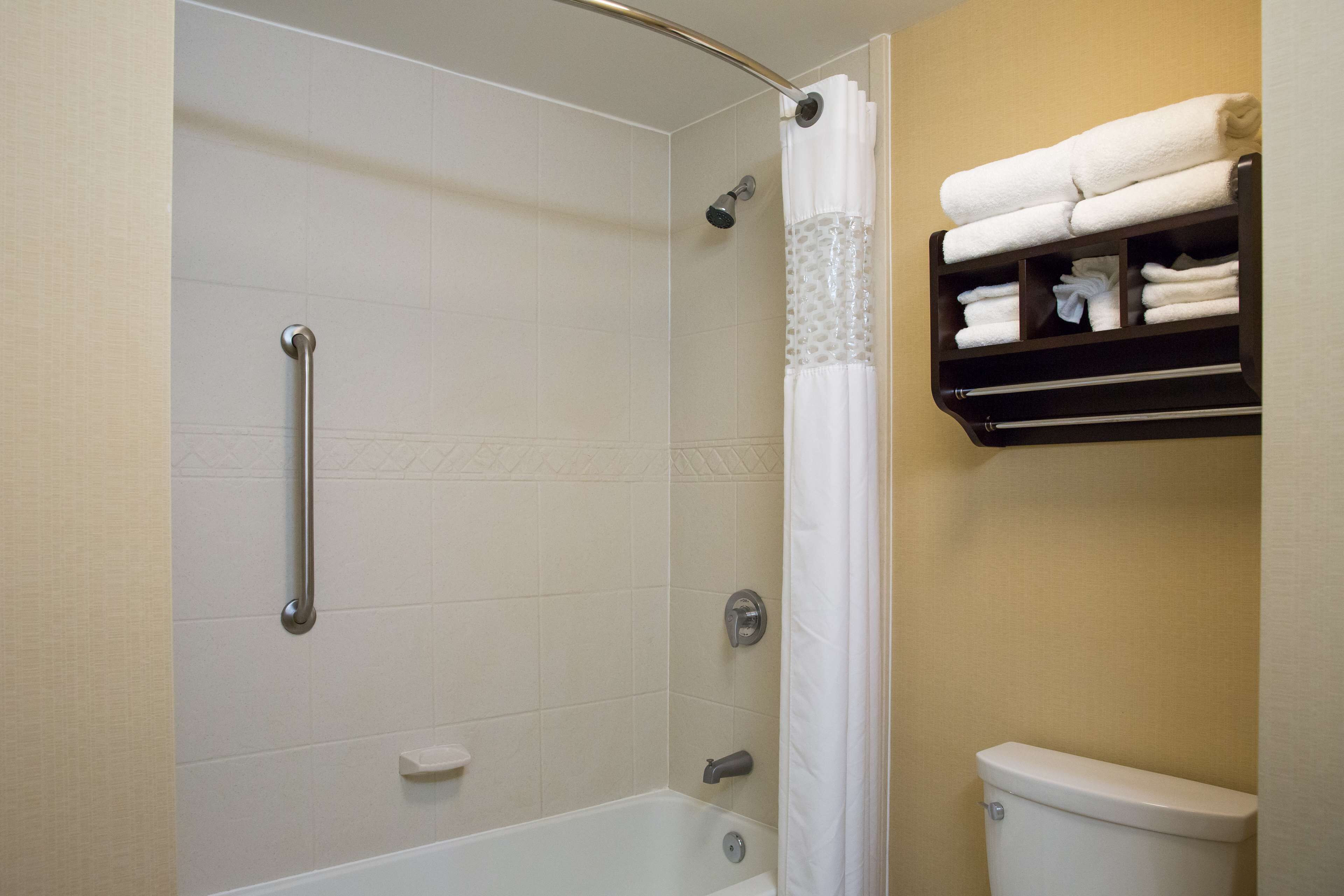 A bathroom with a shower, toilet, and a shelf with towels.