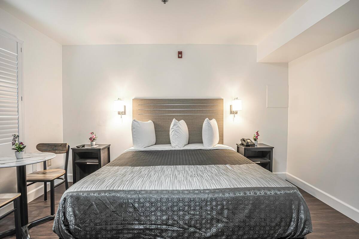 Habitación de hotel con una cama grande, dos mesitas de noche, un escritorio con silla y una pequeña mesa con una planta.