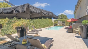 Un jardin avec une piscine, des chaises longues et un grand parasol.