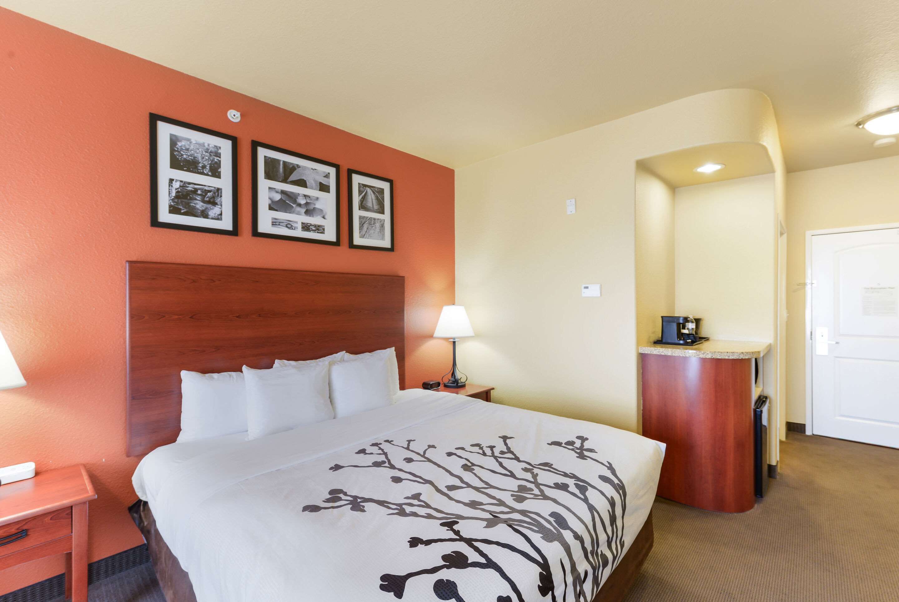 Habitación de hotel con una cama grande, cabecera de madera, mesita de noche con lámpara, escritorio con cafetera y cuadros en la pared.