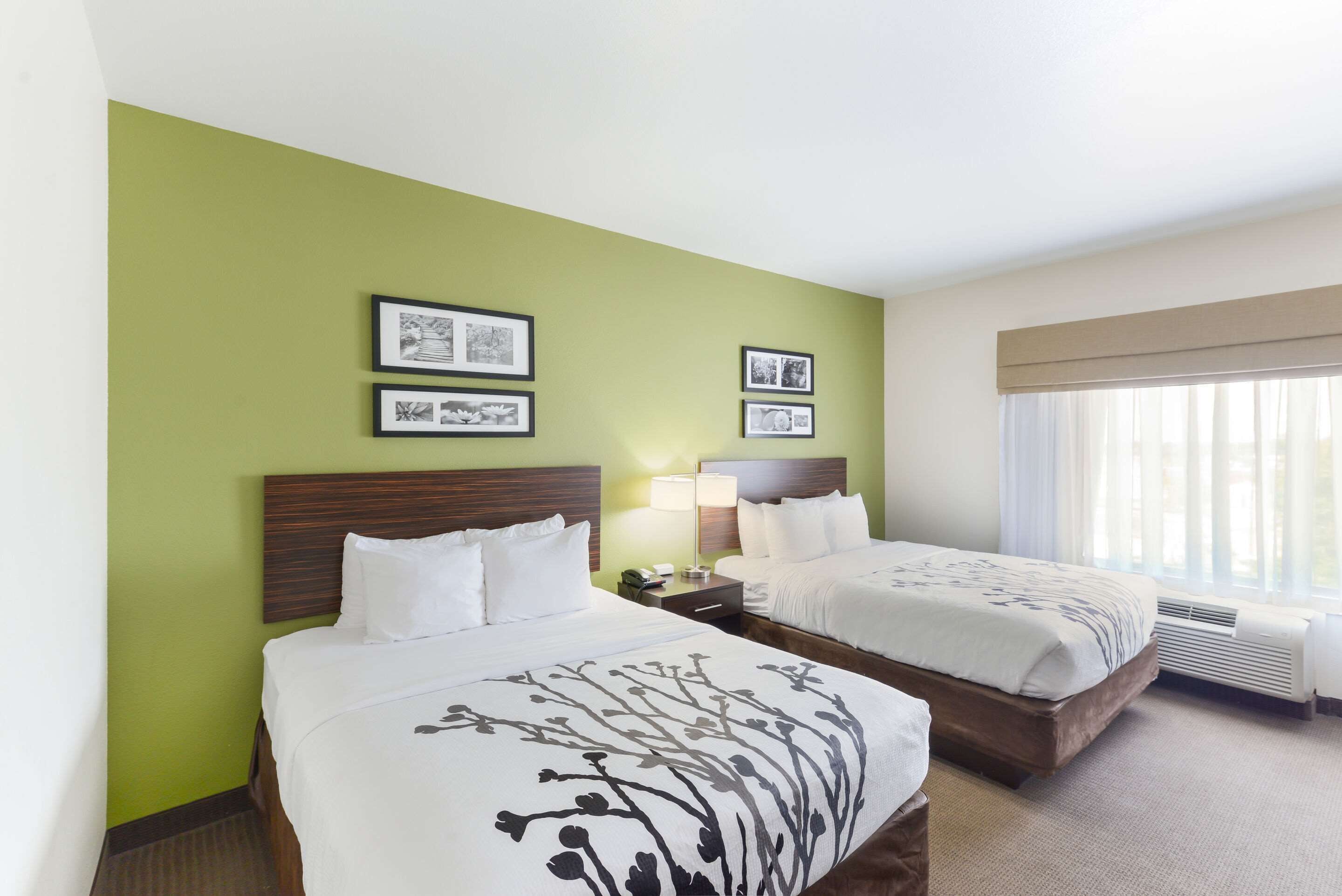 A hotel room with two beds, green walls, framed pictures, a window with curtains, and an air conditioning unit.