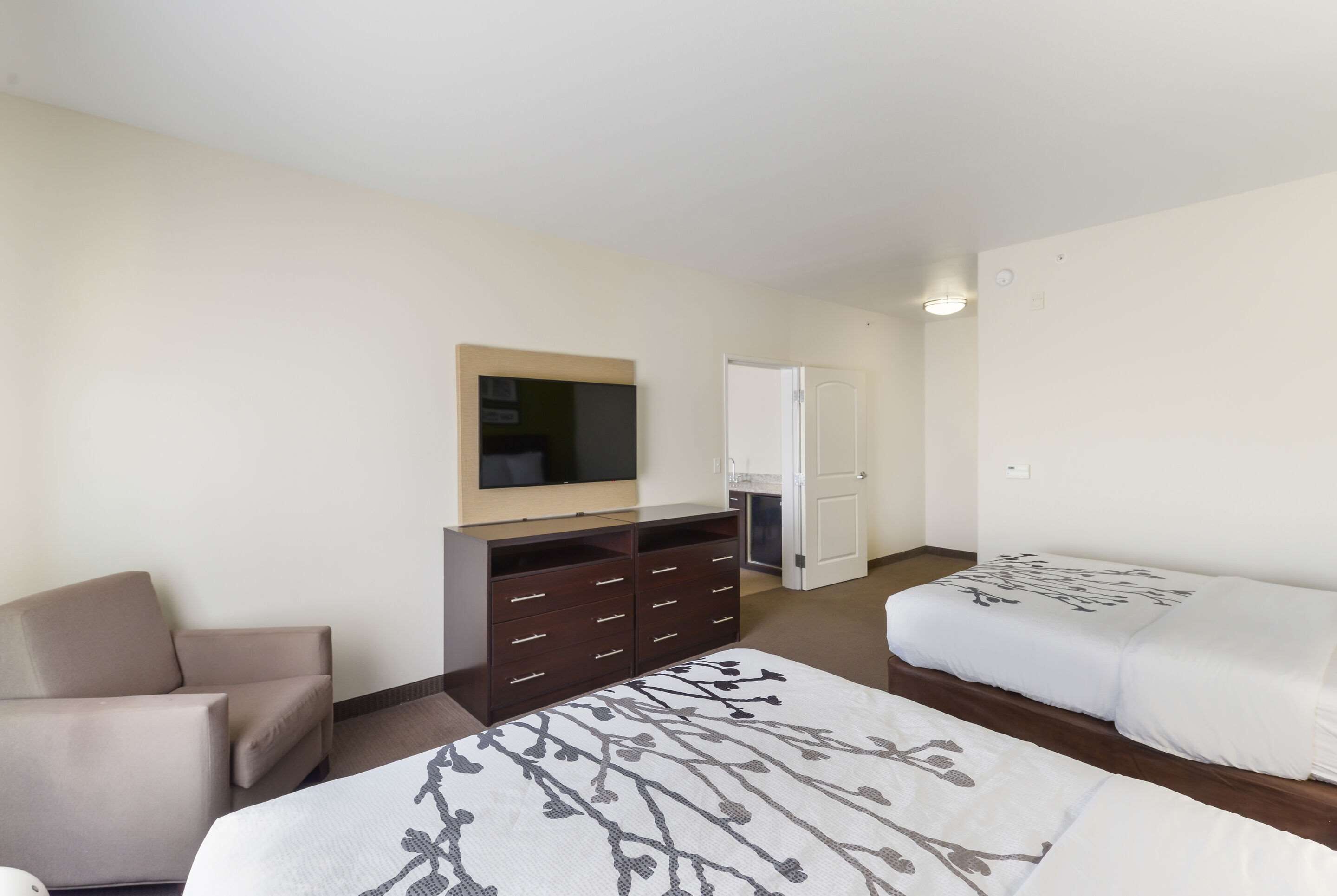 A hotel room with a bed, a sofa, a TV, a wardrobe, and a door.