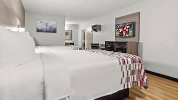 Desk, laptop workspace, blackout curtains, iron/ironing board