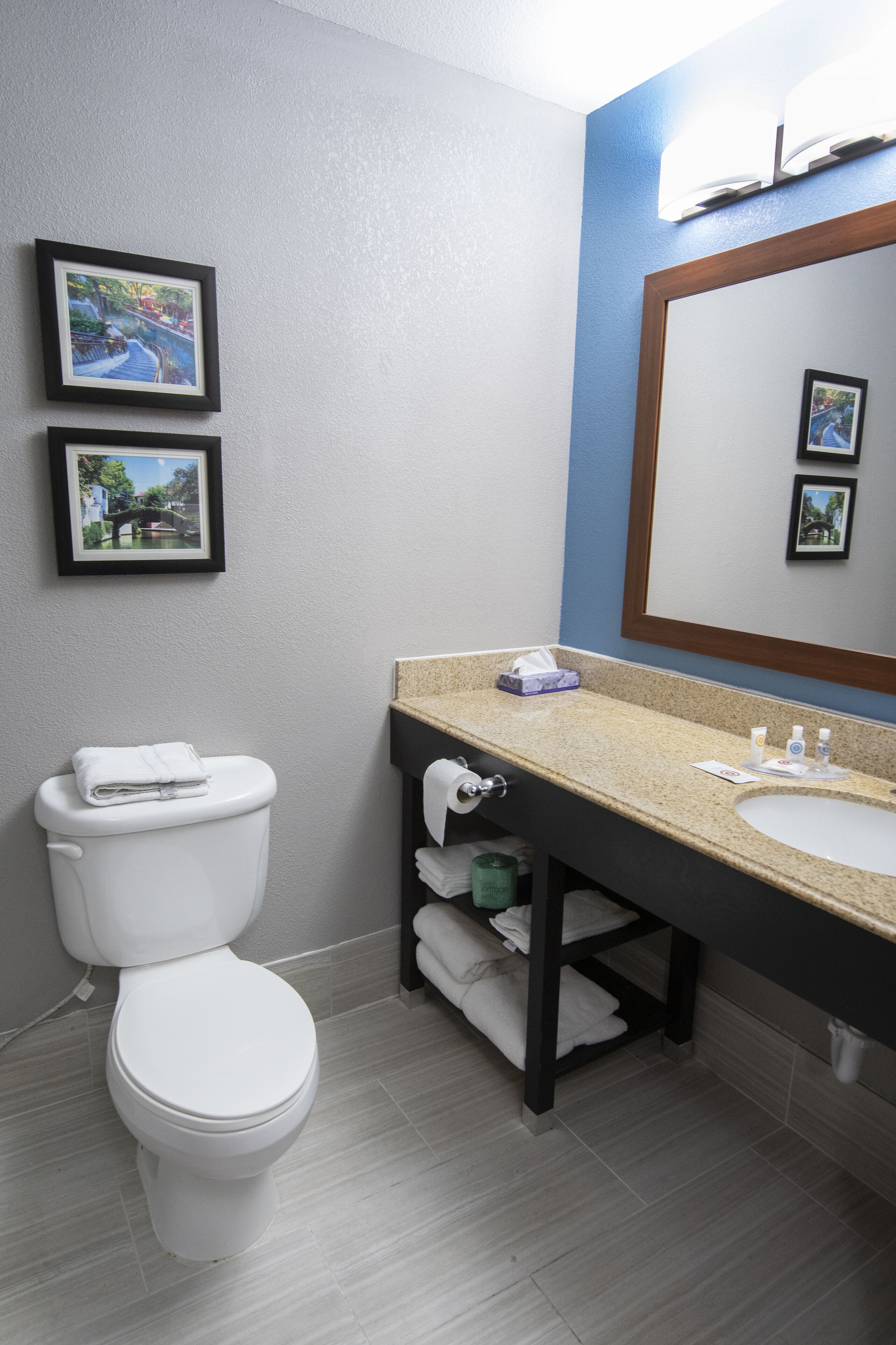 Une salle de bain avec des toilettes blanches, un lavabo avec un miroir et deux tableaux encadrés au mur.