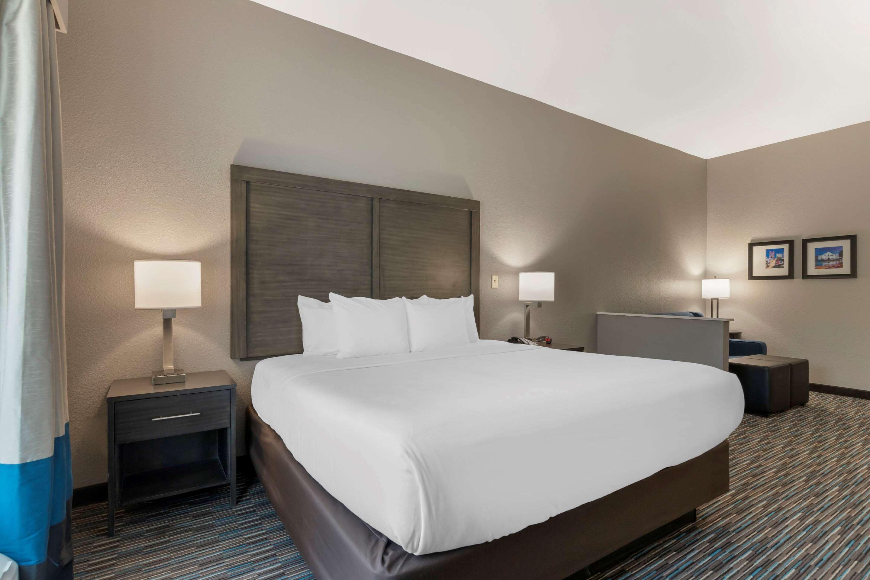 Habitación de hotel con una cama grande, dos mesitas de noche con lámparas, un cabecero y suelo alfombrado.