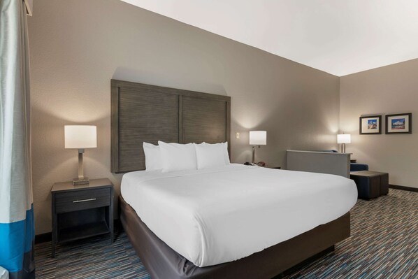 Habitación de hotel con una cama grande, dos mesitas de noche con lámparas, un cabecero y suelo alfombrado.