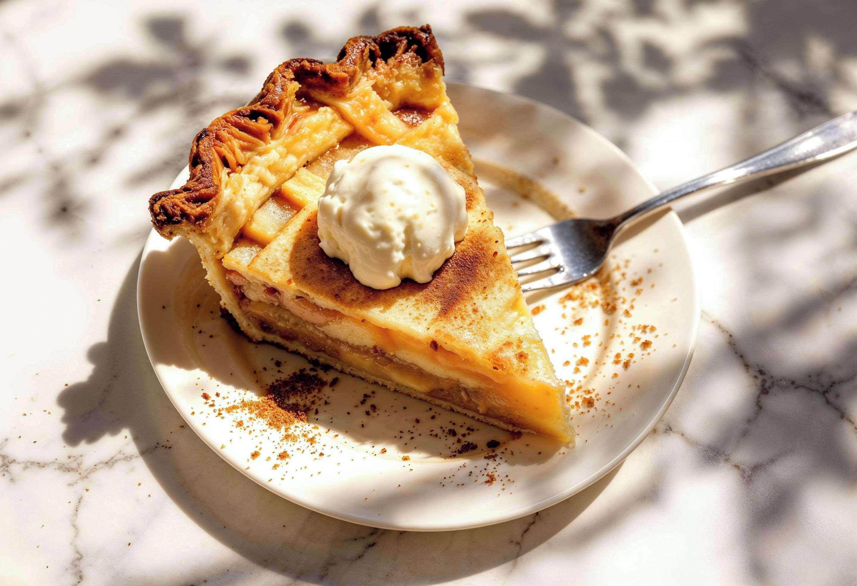 A slice of pie with a lattice crust and a scoop of ice cream on a plate.