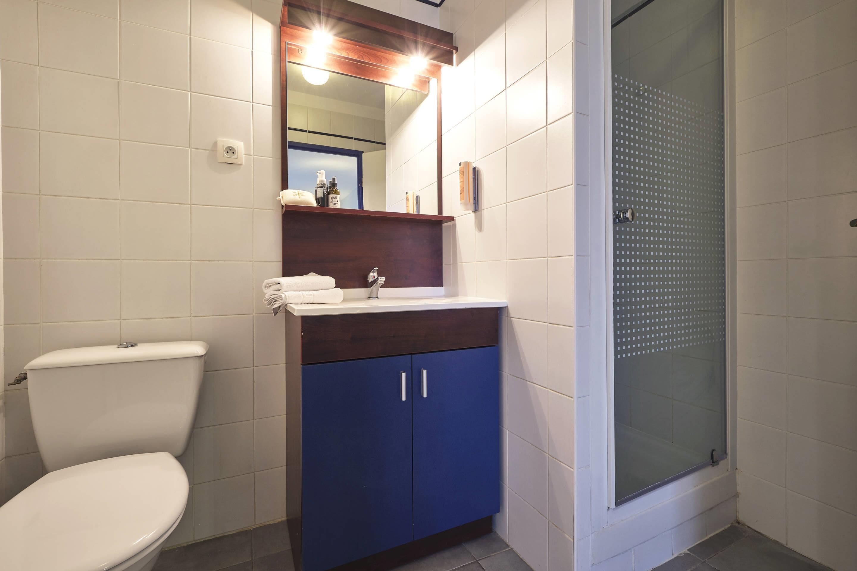 A bathroom with a toilet, a sink with a mirror above it, and a glass shower enclosure.
