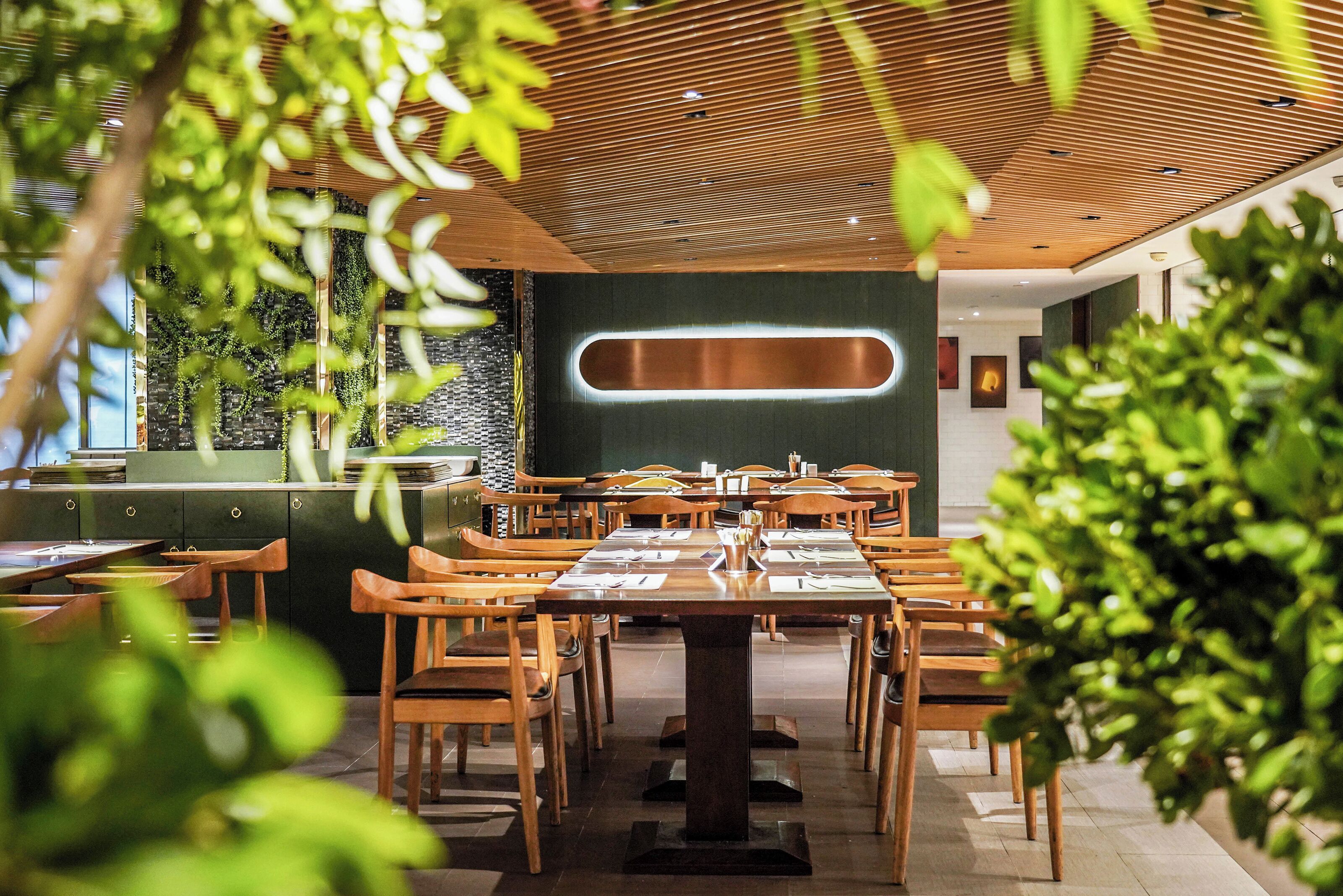 A restaurant with wooden tables and chairs, a green counter, and a modern ceiling design.