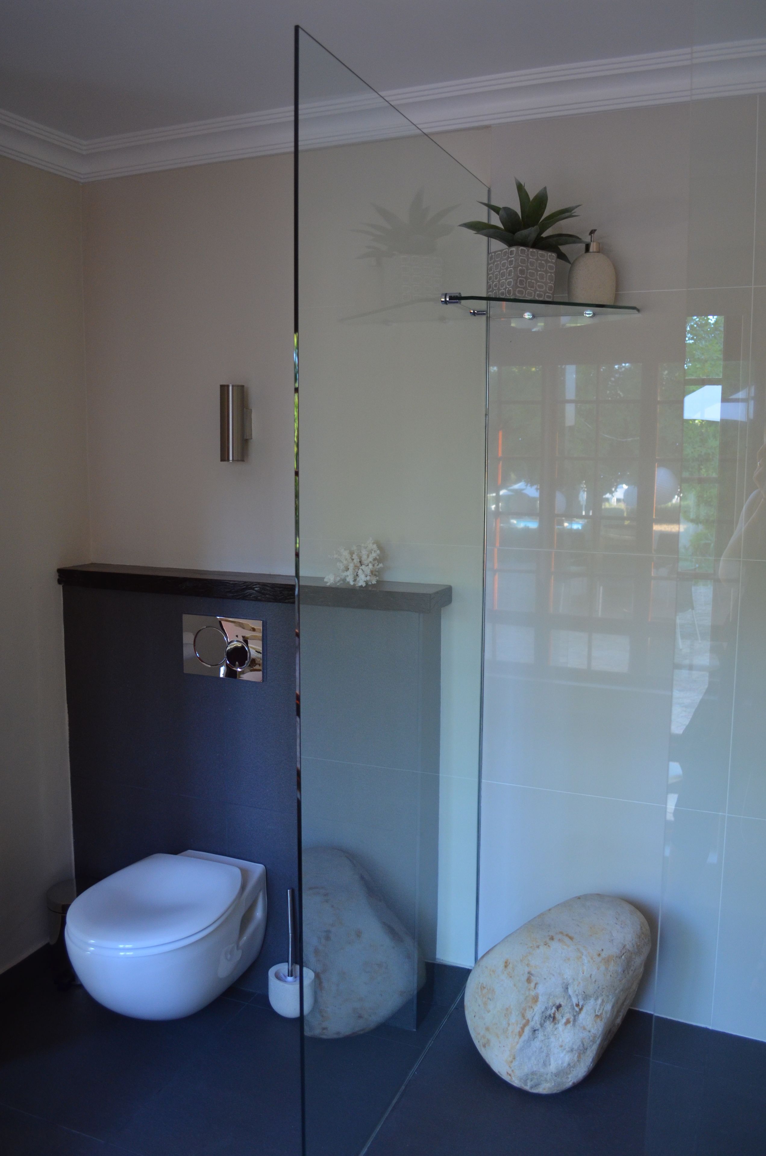 A modern bathroom with a glass shower enclosure, a toilet, and a small shelf with decorative items.