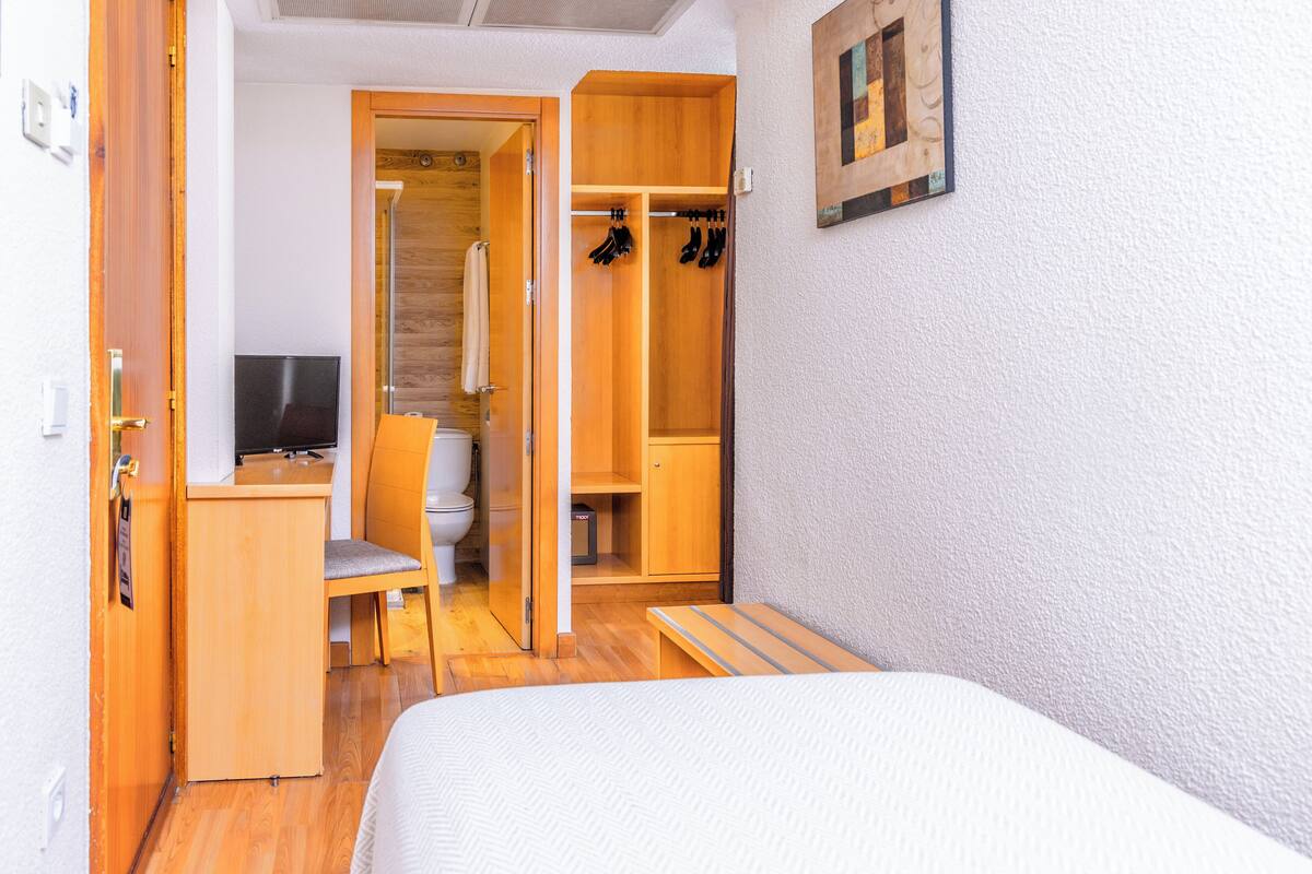 A compact room with a bed, a desk, a chair, a TV, a wooden wardrobe, and a shower area.