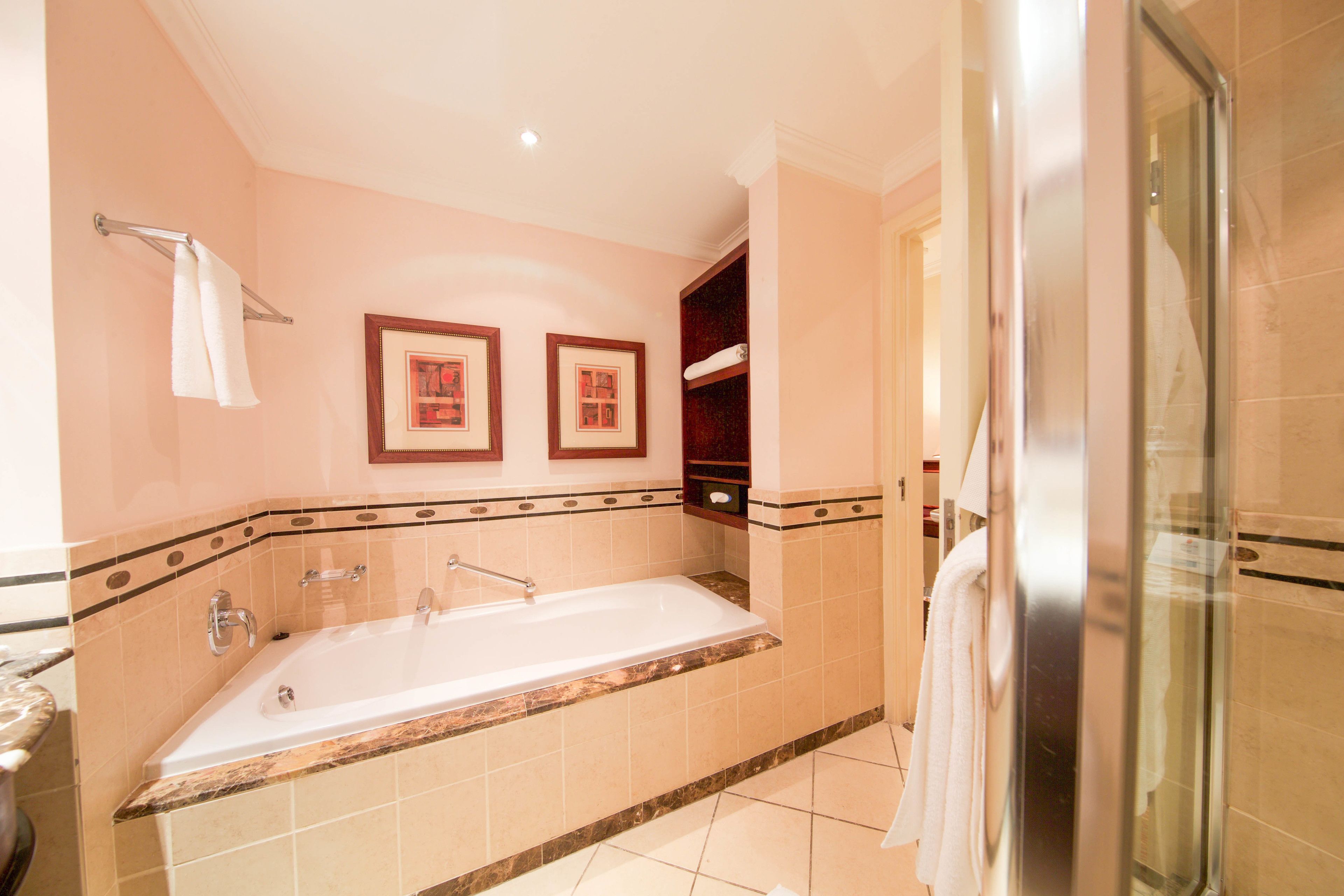 combined shower/bathtub, free toiletries, hair dryer, bathrobes