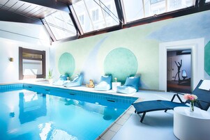 Indoor pool, open 8:00 AM to 10:00 PM, sun loungers