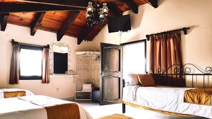 Une chambre avec deux lits, une coiffeuse avec un miroir, un espace douche et un téléviseur fixé au mur.