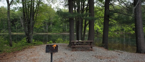 A picnic area with a grill and a bench near a lake surrounded by trees.
