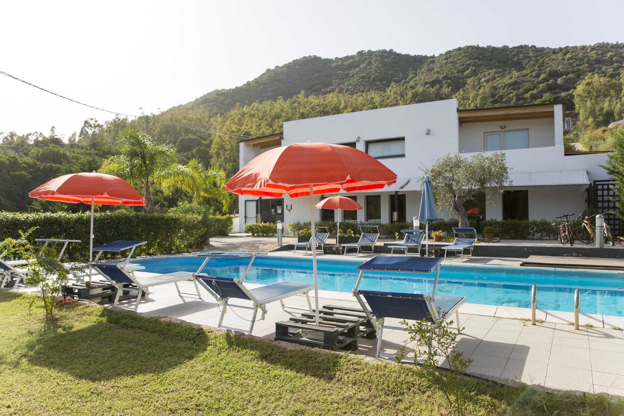 A pool area with lounge chairs and red umbrellas, surrounded by greenery and a modern building.
