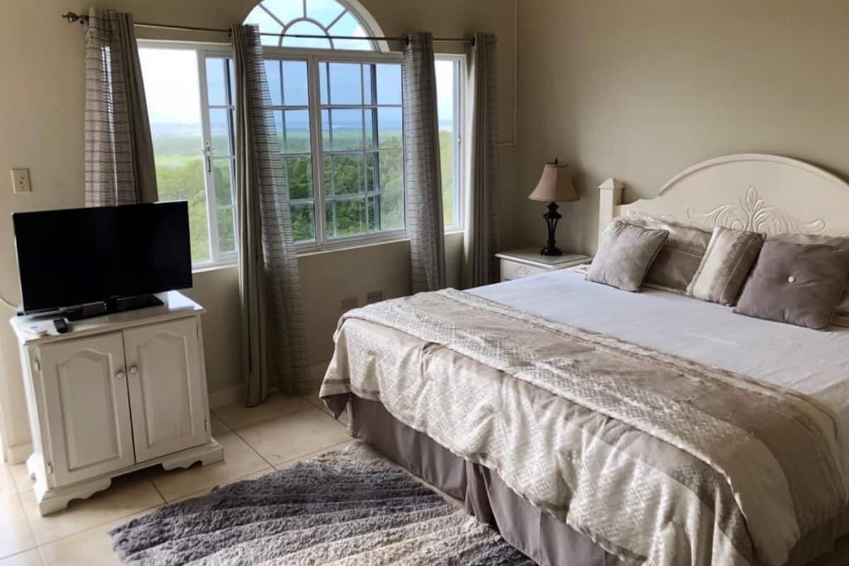 Een slaapkamer met een groot bed, een televisie op een dressoir, een lamp en uitzicht op het landschap door een raam.