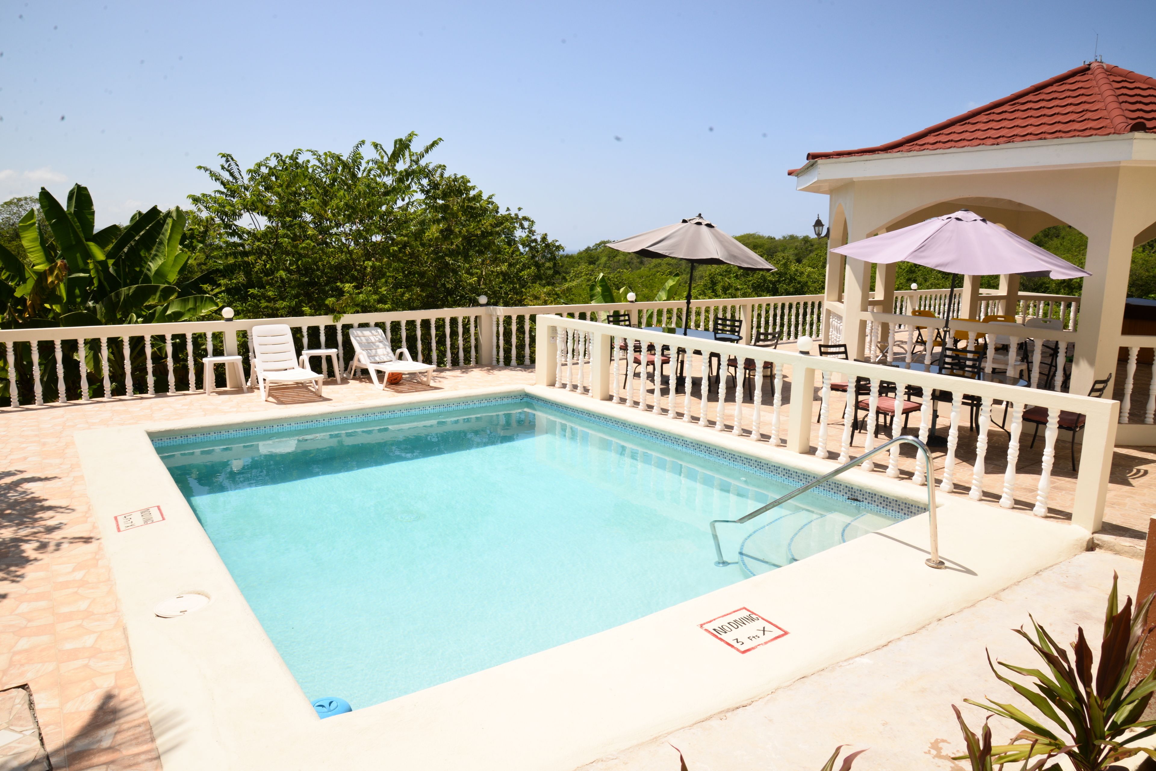 Una piscina rectangular con un deck blanco y una pérgola con sombrillas.