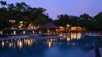 Outdoor pool, pool umbrellas, pool loungers