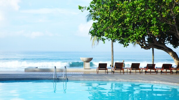 Una piscina con vista al océano, sillas de descanso y un árbol.