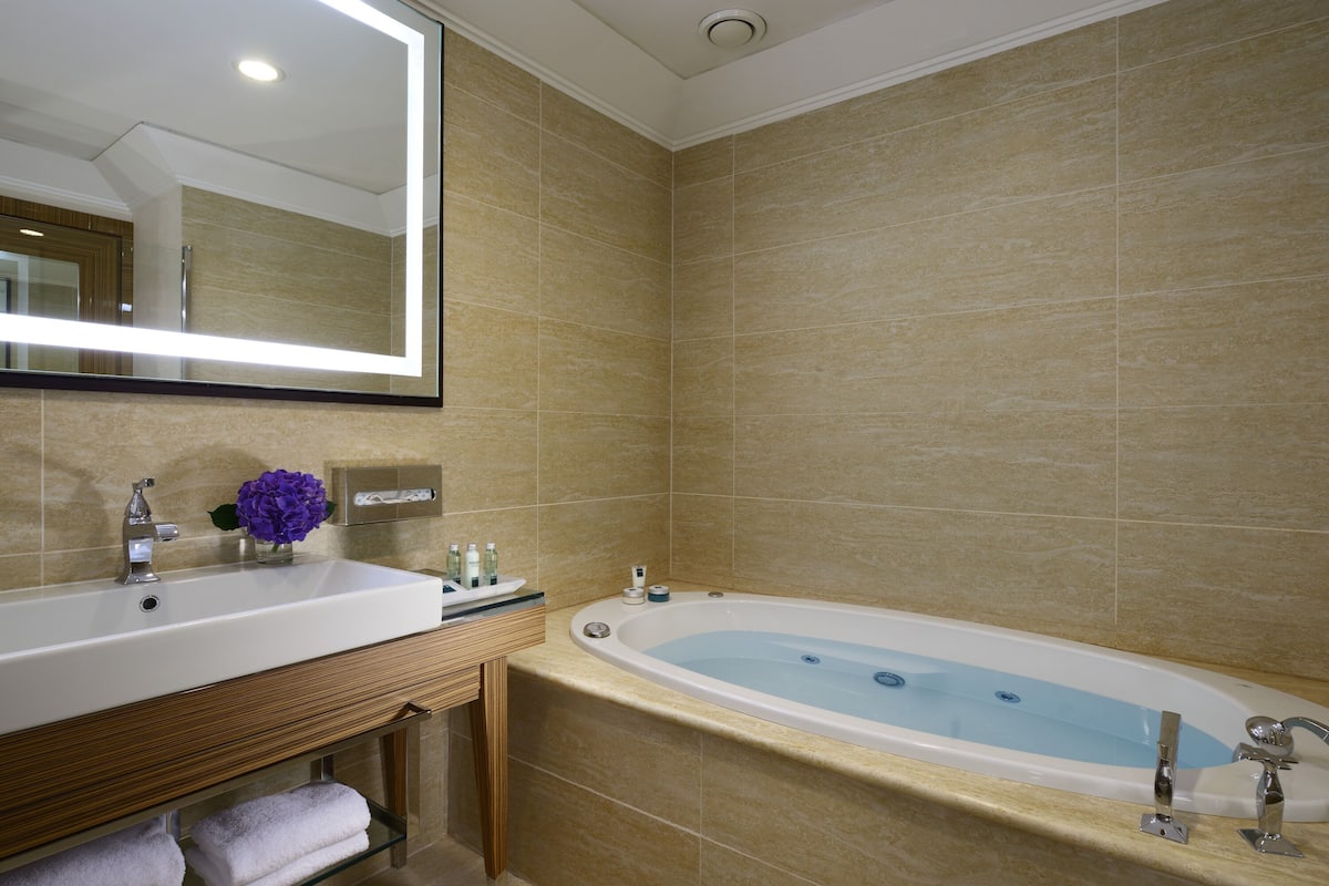 free toiletries, hair dryer, bidet, towels