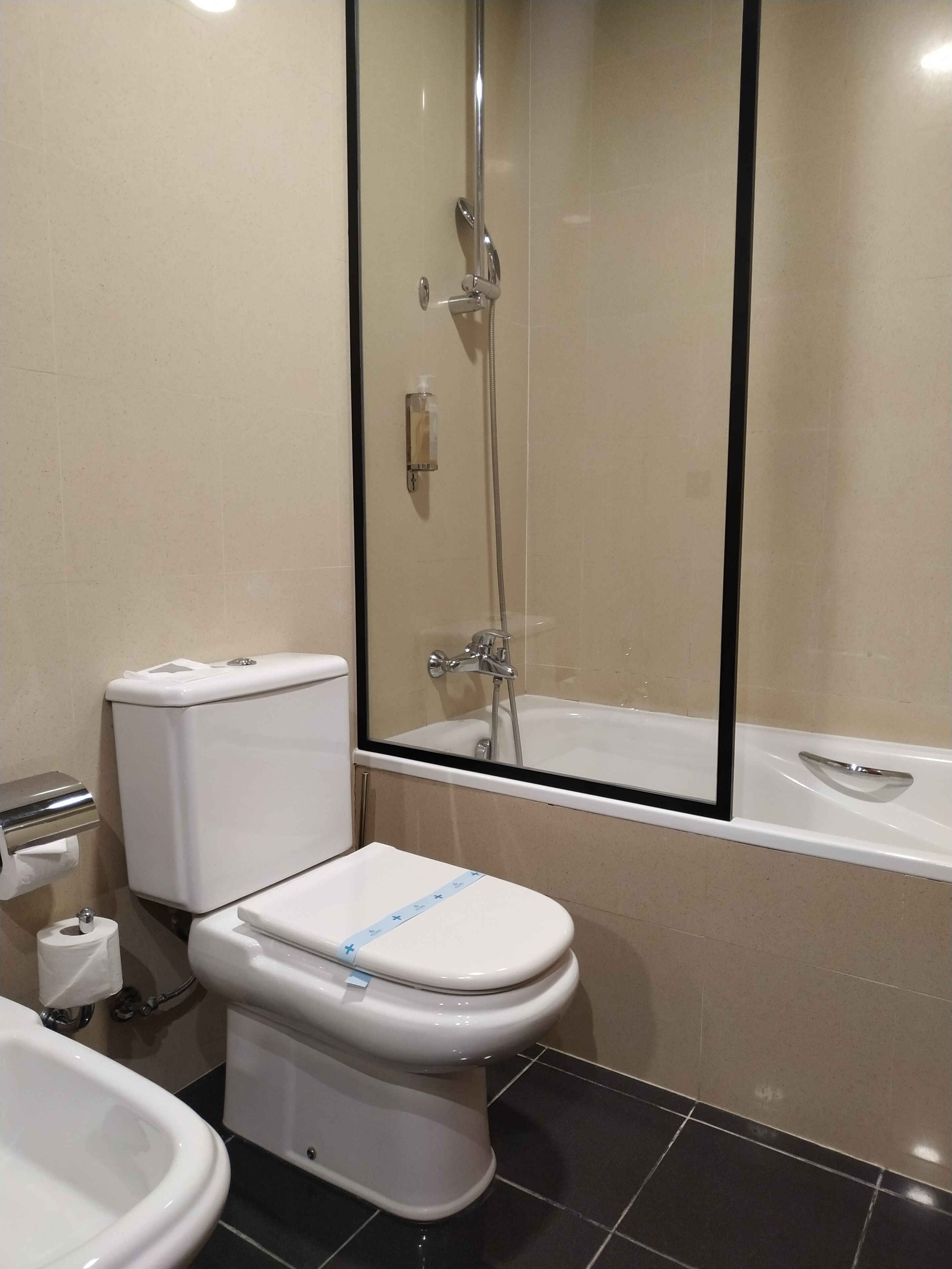 A bathroom with a toilet, bidet, and bathtub.