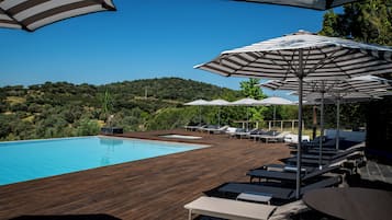 Seasonal outdoor pool, pool umbrellas, pool loungers