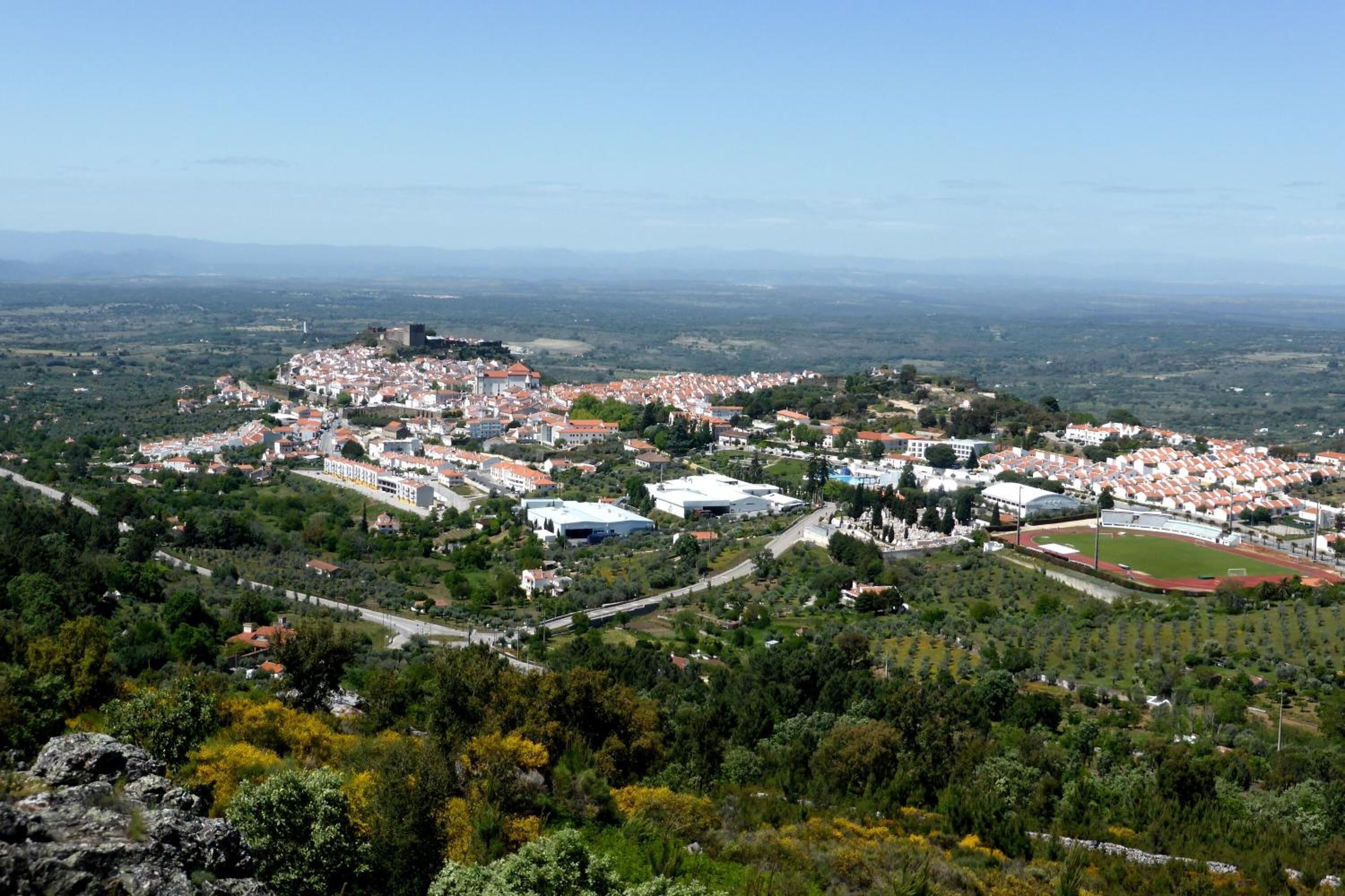 A town with a central square, surrounding buildings, and a distant castle.