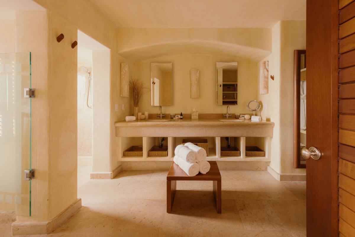 cala de mar penthouse master suite | bathroom | shower, rainfall showerhead, free toiletries, hair dryer