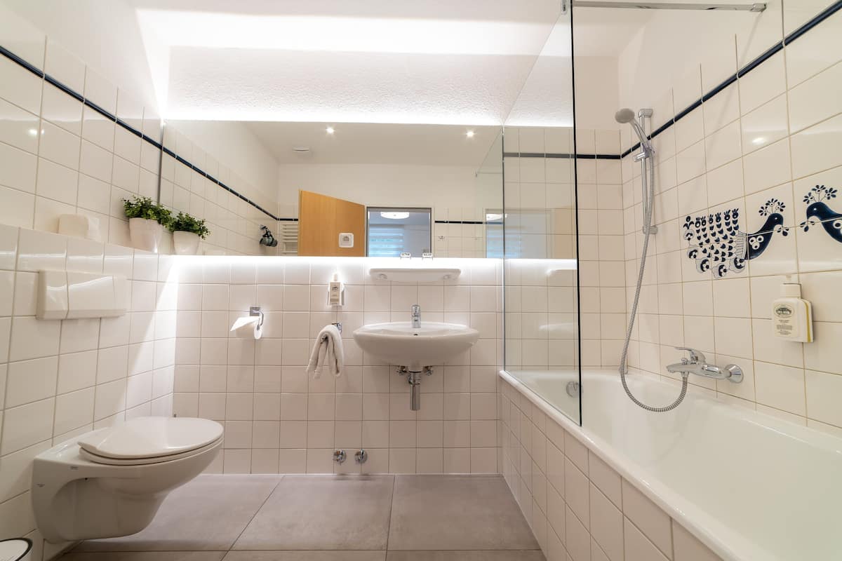 economy double room | bathroom | shower, free toiletries, hair dryer, towels