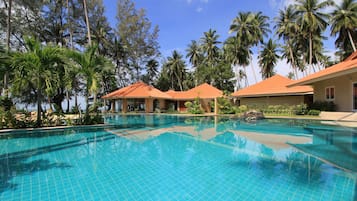 Outdoor pool, pool umbrellas, pool loungers